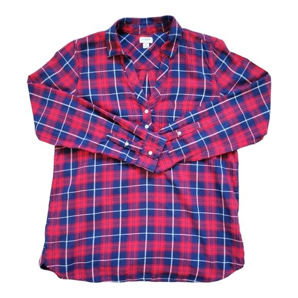 J.Crew Flannel Popover Top Plaid Size Small Red Navy - Picture 5 of 7